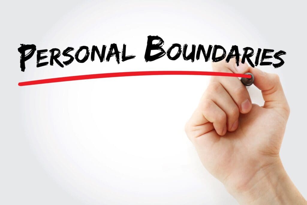 Graphic with the words Personal Boundaries written and underlined showing how Ginny Estupinian PhD helps you develop strong boundaries.