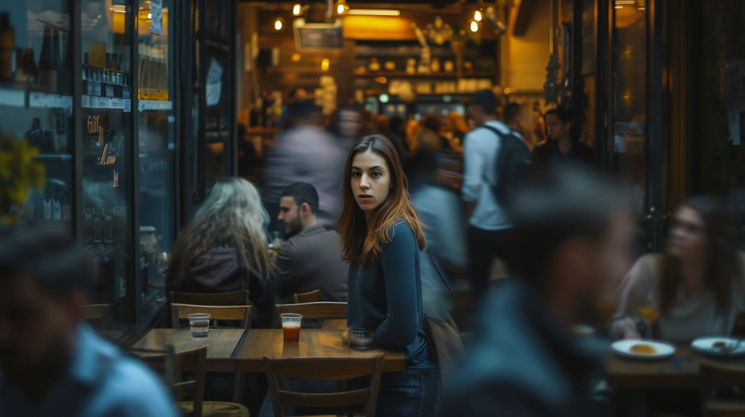 A photo of a woman suffering from social anxiety in a bar surounded by people.