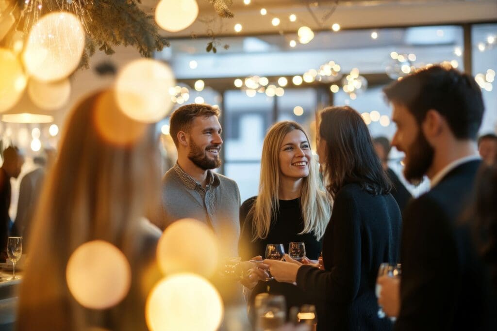 photo of young adults at a holiday gathering. Ginny Estupinian discusses how to get around challenges at these parties.