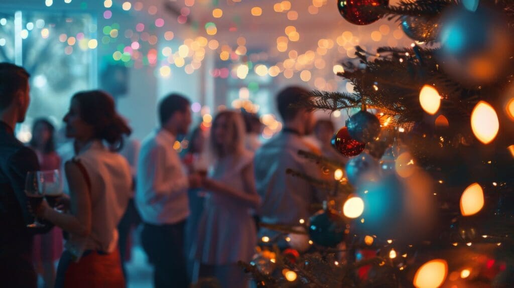 photo of The background of a holiday party showing people gathering and talking