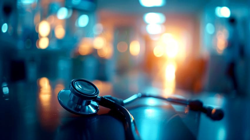 A illustration of a stethoscope laying with the background of a hospital to show Ginny Estupinian PhD provides therapy for physicians