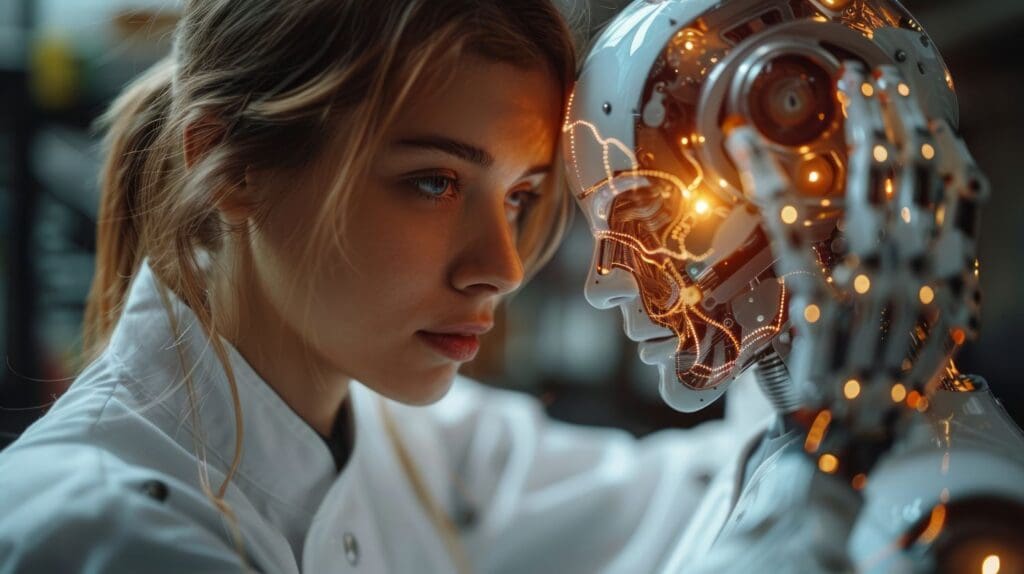 creative visual of a young woman showing enmotion to a ai chatbot and the potential for mental health issues