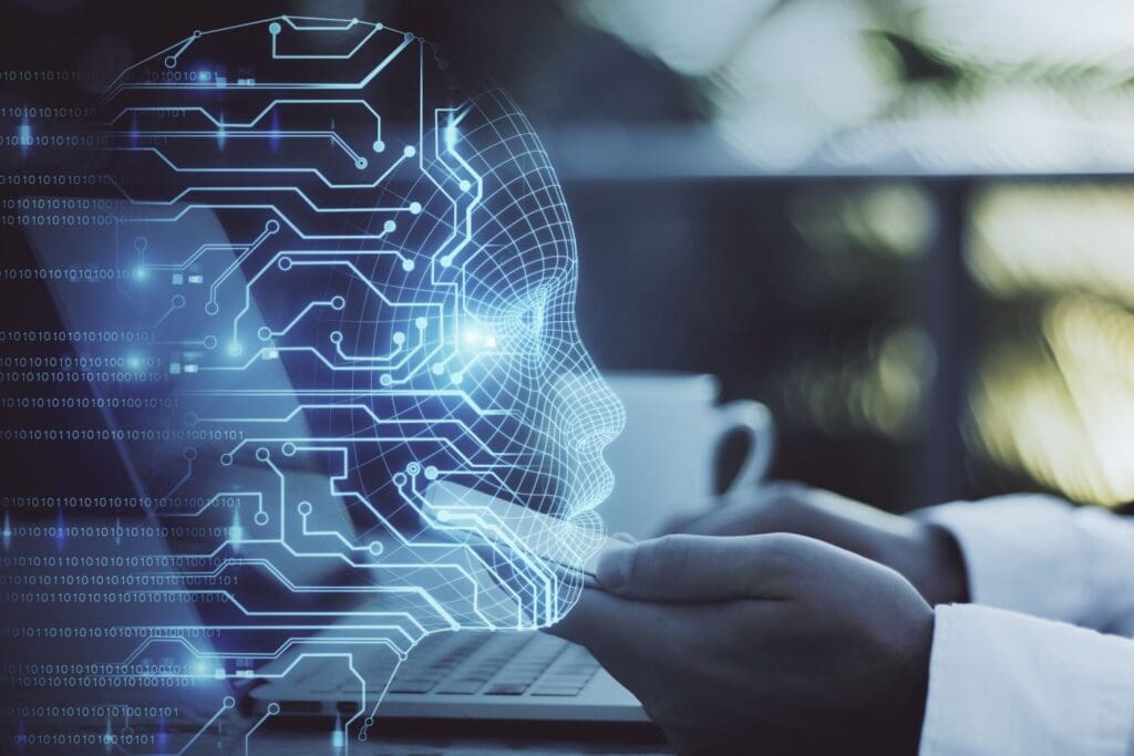 Digital human head emerging from a laptop screen representing an AI therapist