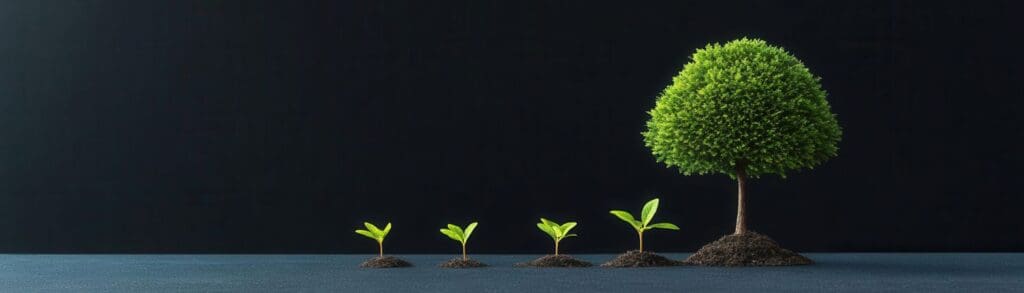 Long term effects can be seen in this photo of small seedlings to large tree. this shows how working on ourselves leads to future success