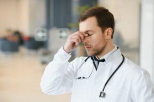 Photo of a medical professional experiencing insomnia, representing how Dr. Ginny Estupinian, PhD, provides CBT-I therapy to help healthcare workers overcome sleep difficulties.