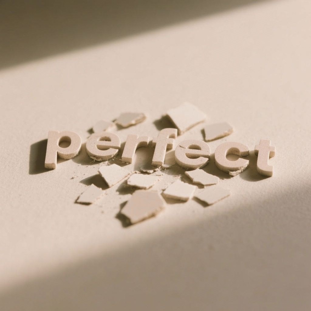 An image of the broken word ‘perfect’ lying on the ground, symbolizing Dr. Ginny Estupinian, PhD’s message that perfection is an illusion we should not chase