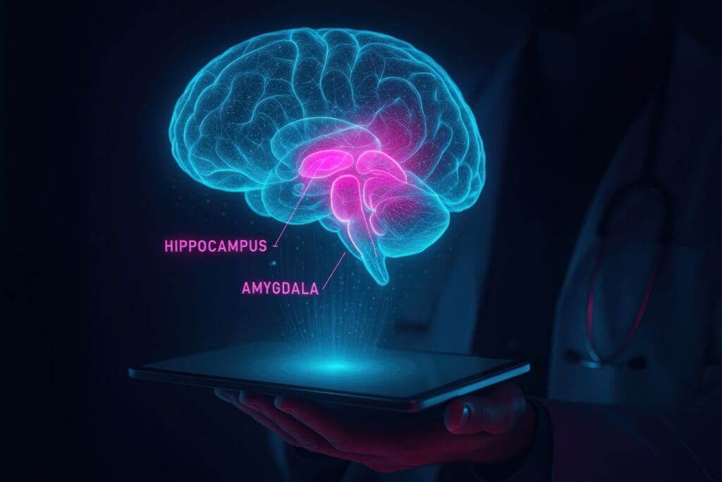 AI-generated graphic of a brain highlighting the amygdala, representing Dr. Ginny Estupinian’s expertise in the psychology and physiology of trauma and PTSD