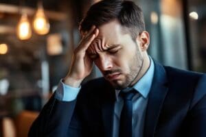 Stressed executive facing business crisis receiving strategic psychological support from Ginny Estupinian, PhD