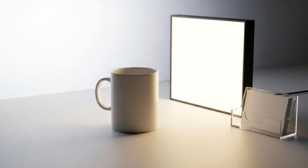 Light therapy box beside a cup of coffee, representing treatment for seasonal affective disorder and winter depression by Ginny Estupinian, PhD