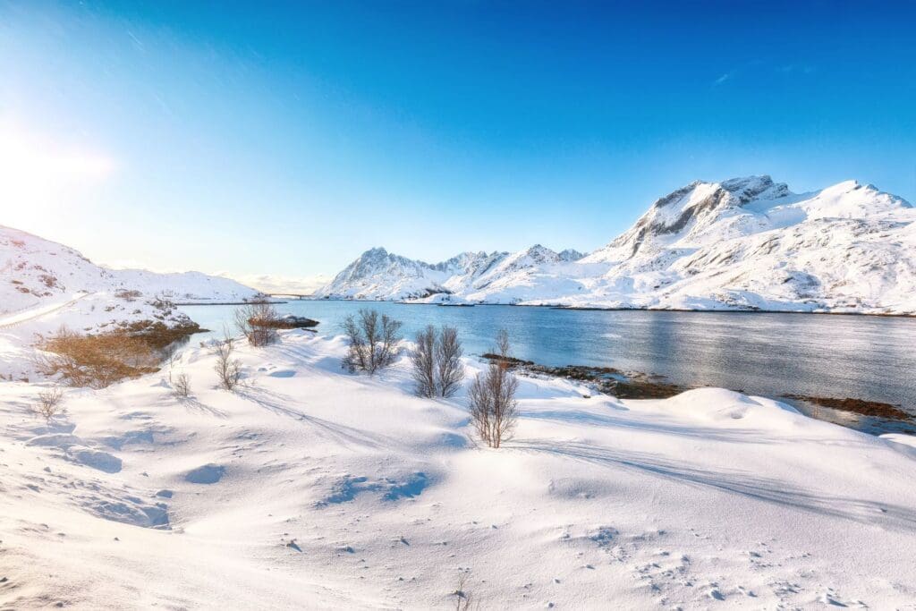 Nordic winter landscape representing how people cope with winter depression and seasonal affective disorder.