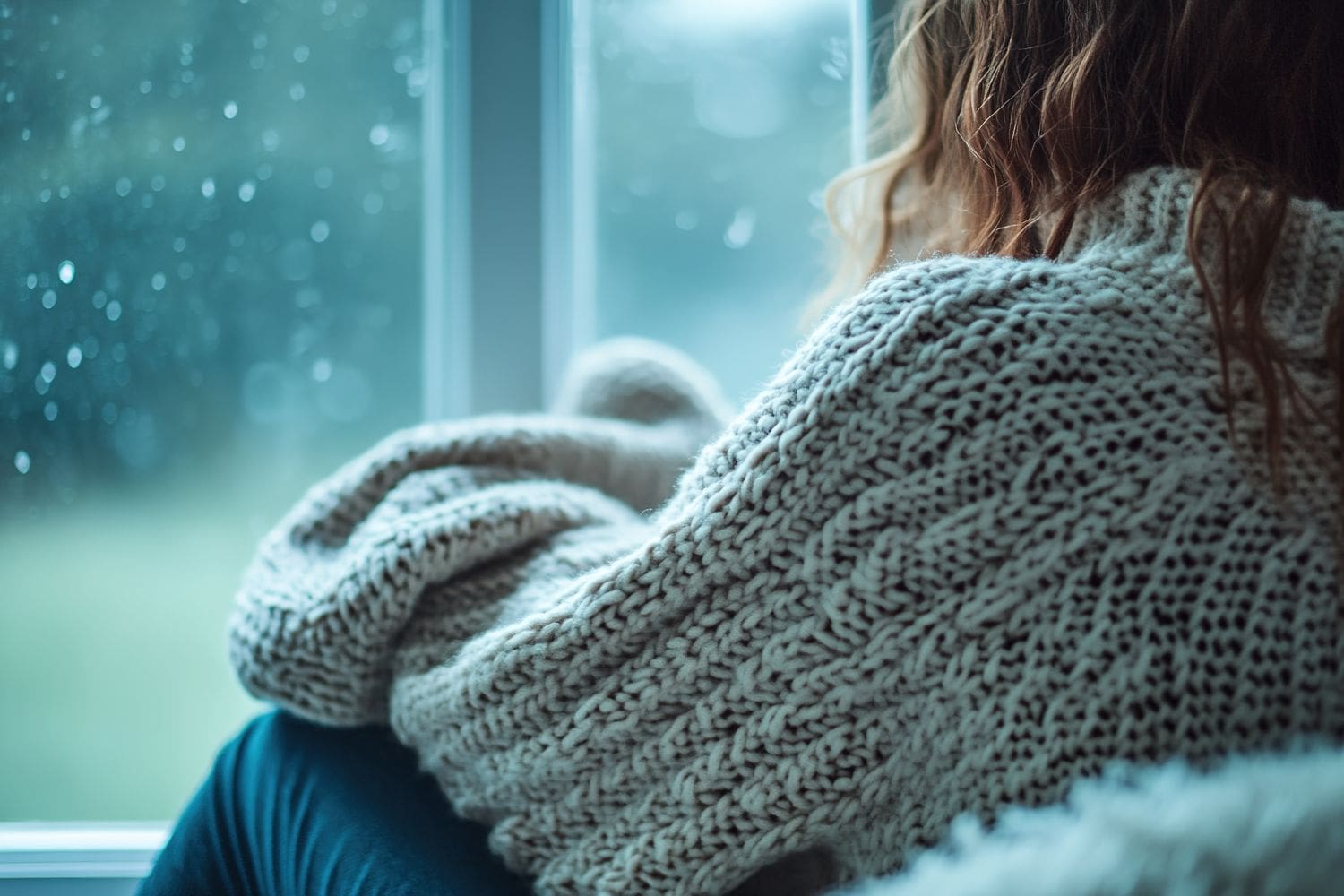 Woman sitting by a window experiencing seasonal affective disorder, treated by Dr. Ginny Estupinian for SAD and winter depression.