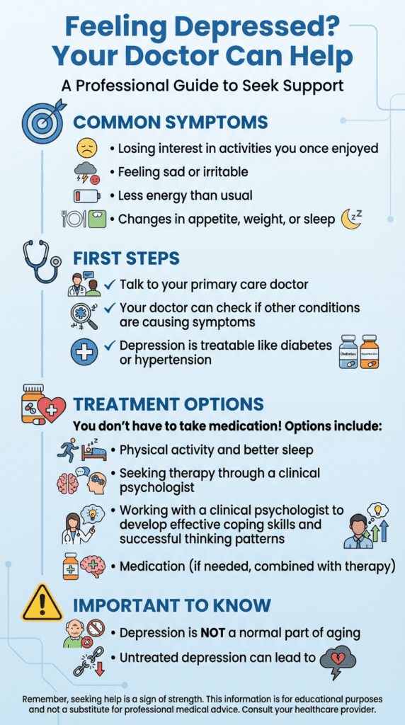 Infograhic showing a quick and easy breakdown of depression and what a person can do by Ginny Estupinian PhD