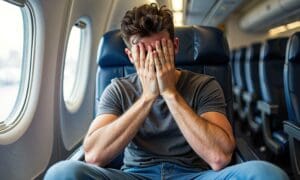 Man sitting on a commercial airplane coping with fear of flying, treated by Dr. Ginny Estupinian, Los Gatos psychologist specializing in phobias